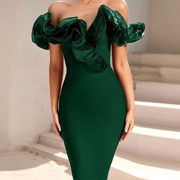 Green Preppy Womens Off Shoulder Exaggerated Ruffle Trim Bodycon Dress - Picture 3 of 5